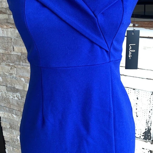 Lulu’s Classic Glam blue off-the-shoulder zip back leg slit body con dress - Picture 6 of 16